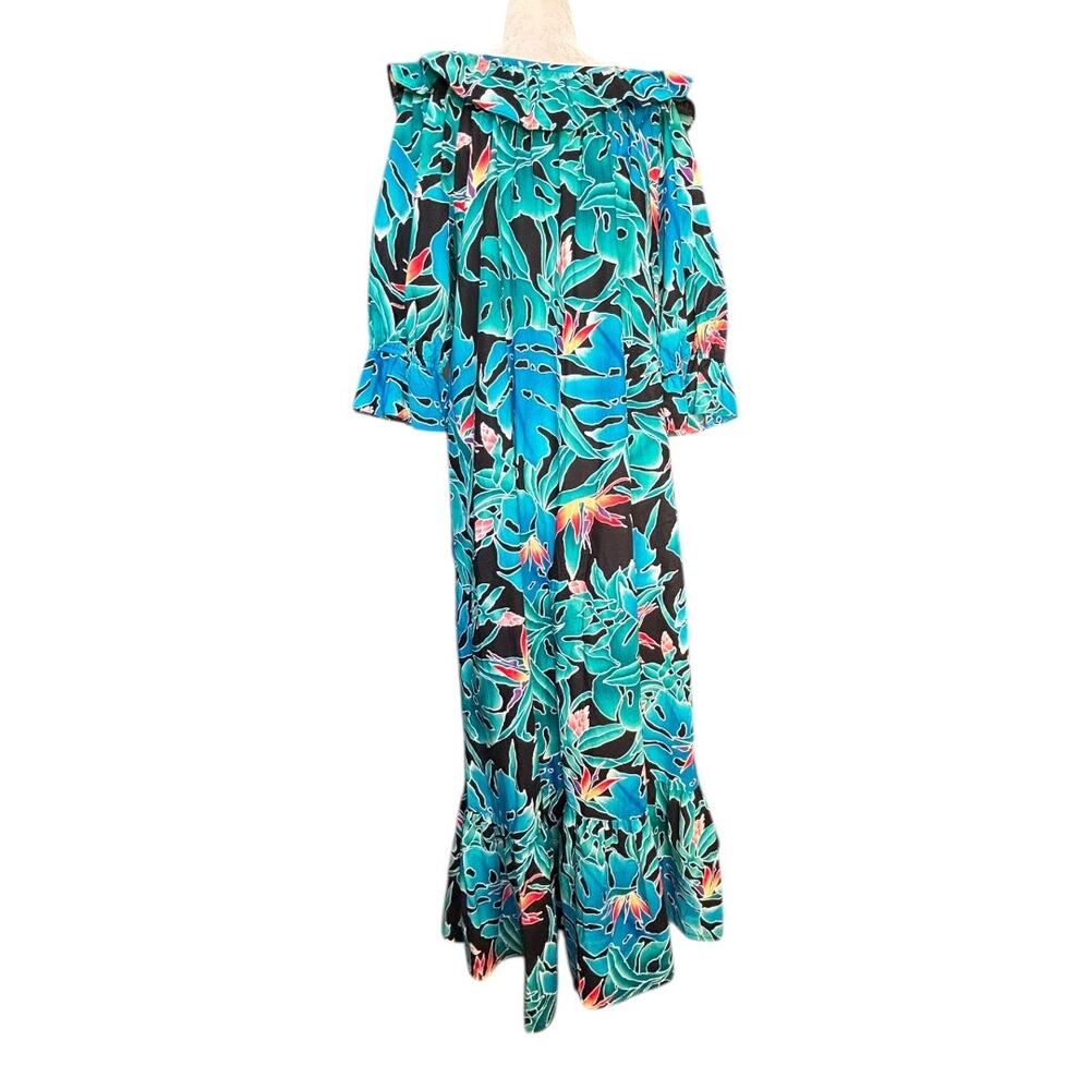 Hilo Hattie Hawaiian Dress Teal Tropical Leaf Cotton Ruffle Off Shoulder Muumuu - Picture 5 of 12